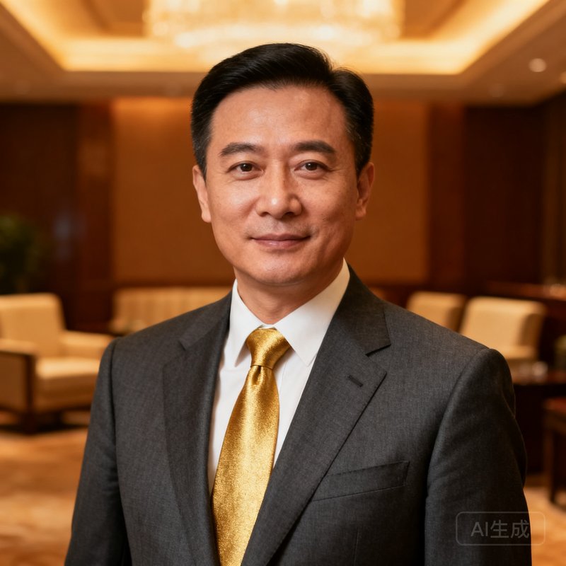 创始人陈启明先生的正面商务照，身穿深灰色西装搭配金色领带，背景为贵宾厅暖色调环境，表情自信沉稳